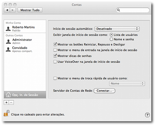 Opções de início de sessão