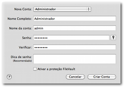 Criando a conta do administrador