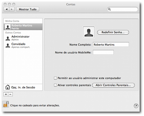 Conta padrão do Mac OS X