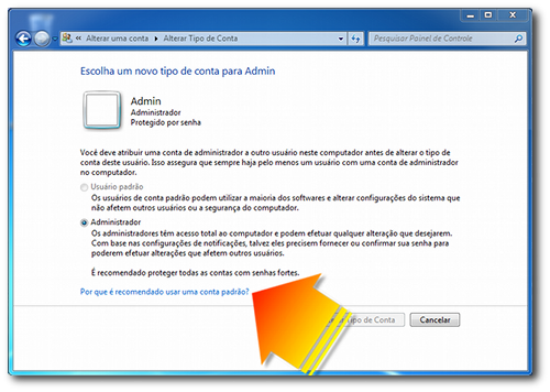 Escolhendo o tipo de conta no Windows 7