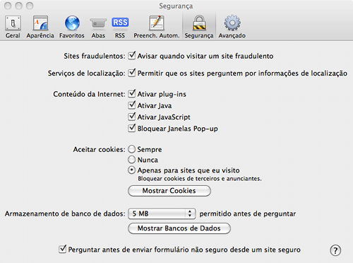 Opções de Segurança - Safari