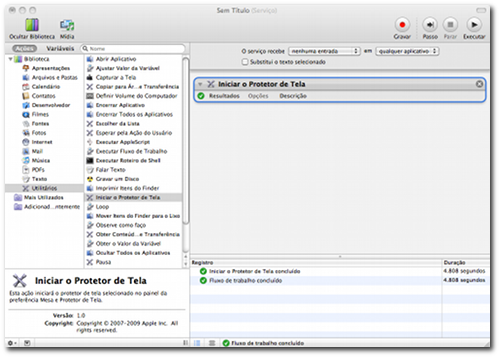Ação no Automator para iniciar o protetor de tela