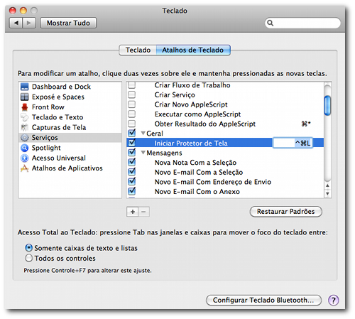 Atalho de teclado para o serviço "Iniciar protetor de tela"