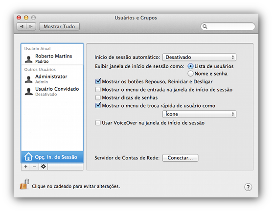 Opções de inicialização de sessão