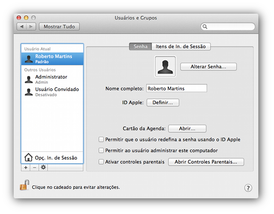 Conta padrão no OS X Lion